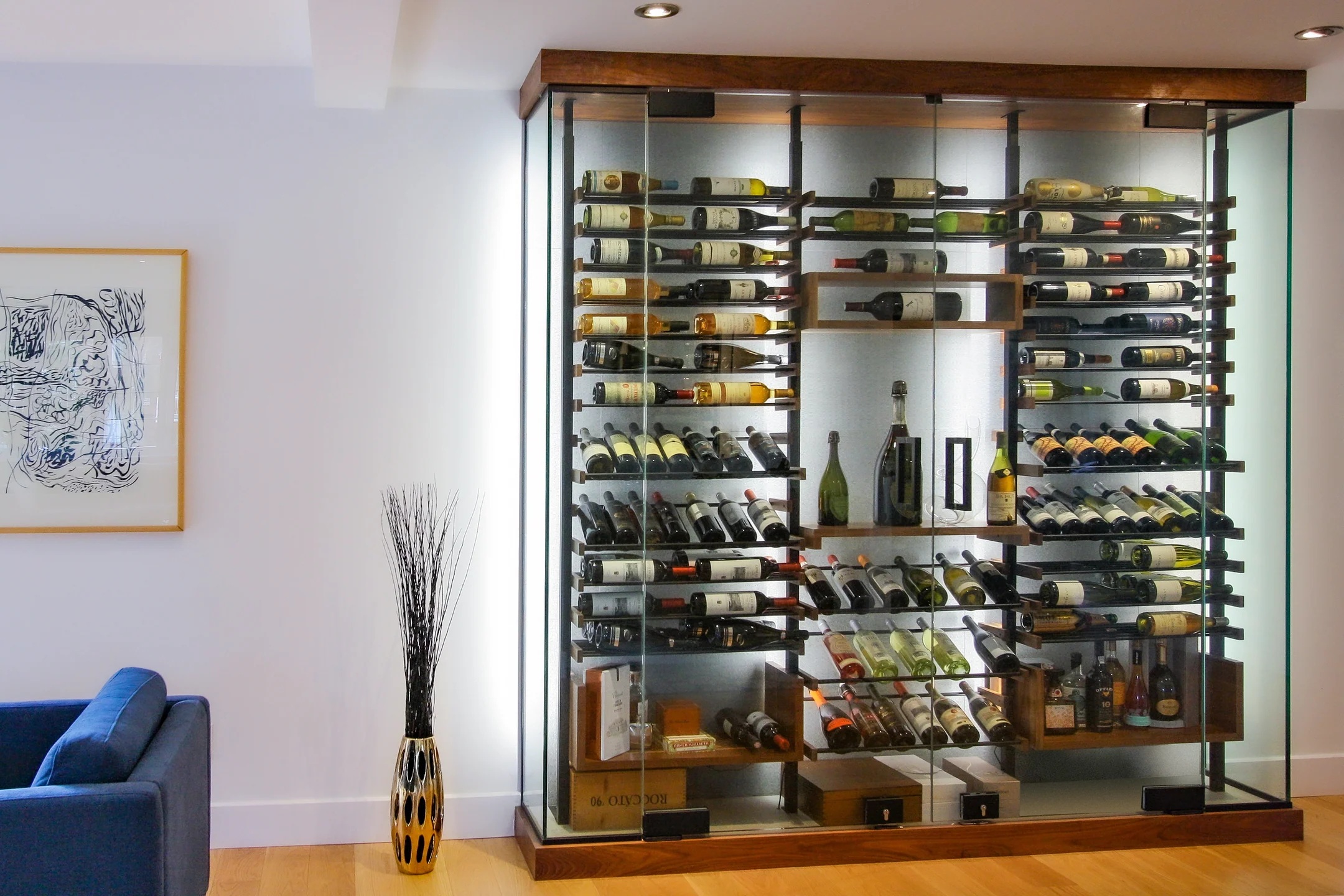 Glass Enclosed Shelves Display - Modern Metal Wine Cellars