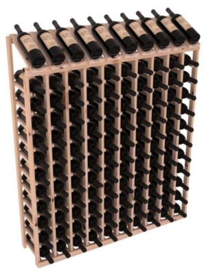Light wood wine rack with 10 columns and top display row, filled with horizontal wine bottles.