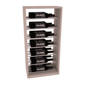 White freestanding wine rack with horizontal metal rods holding fourteen CELLARVUE Collection bottles in seven rows.