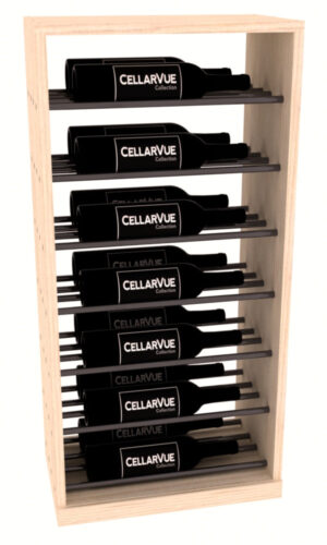 Light wood wine display rack with black horizontal rods holding seven bottles labeled “CELLARVUE Collection.”