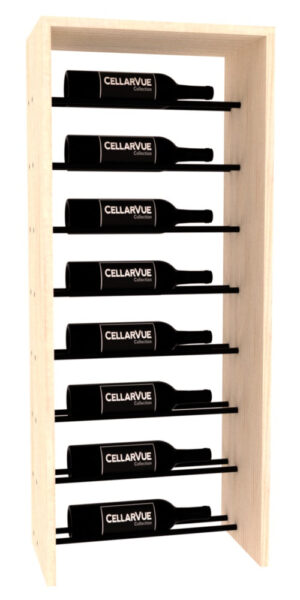 Black metal horizontal top display rack holding eight CELLARVUE wine bottles inside a light wood frame.