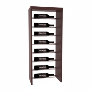 Tall wooden wine rack with horizontal metal supports holding eight black CellarVue wine bottles.
