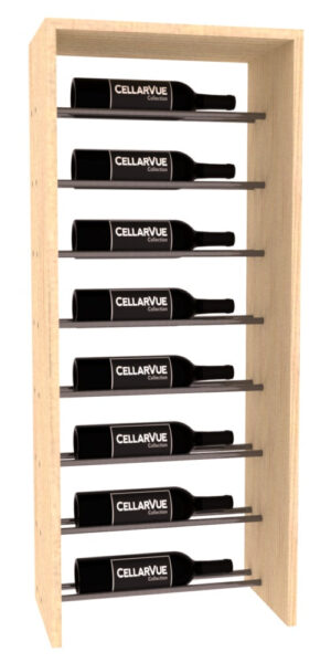 Gold horizontal wine rack with wooden frame holding eight black CellarVue Collection bottles.