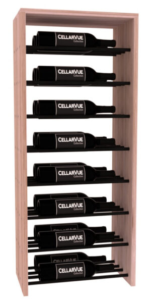 Wooden wine rack with black metal horizontal double-deep display rods holding eight CELLARVUE Collection wine bottles.