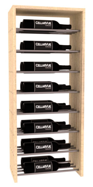 Gold horizontal double‑deep wood wine rack holding eight bottles labeled “CELLARVUE Collection” on metal display rods.