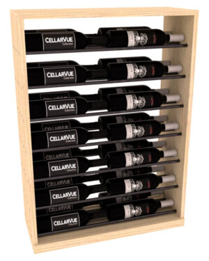 Wooden 26-inch horizontal wine rack with black metal rods holding eight rows of black wine bottles.