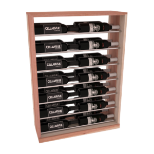 Wooden horizontal wine display stand with metal rods holding rows of black CELLARVUE Collection bottles.