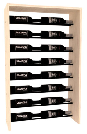 Light wood wine rack with black metal horizontal rods holding eight wine bottles in two deep rows on each shelf.