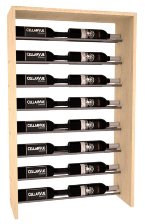 Light wood wall rack with seven horizontal metal rods holding sixteen black wine bottles.