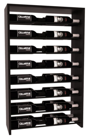 Black metal horizontal wine rack with seven shelves holding double rows of dark wine bottles labeled “CellarVue Collection.”