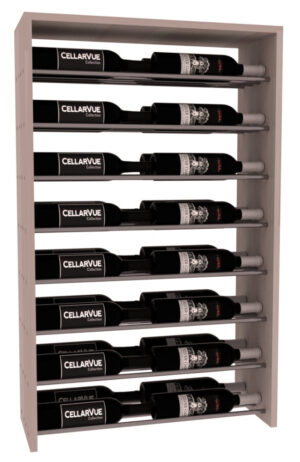 Wooden horizontal wine rack with gold rods holding eight rows of CellarVue wine bottles.