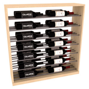 Gold-rod horizontal wood wine rack holding two rows of front‑facing CellarVue bottles and two rows of label‑forward bottles.