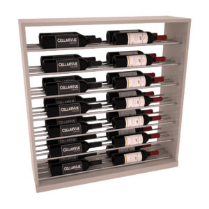 Rectangular horizontal wine rack with metal rods holding two rows of black and red wine bottles.
