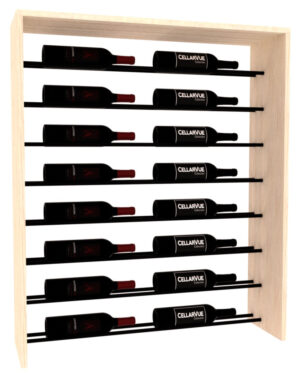 Black metal horizontal wine rack with light wood frame holding sixteen red wine bottles.