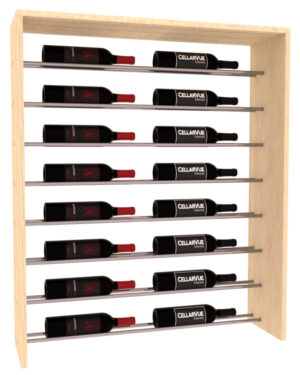 Gold rod horizontal wine rack in a light wood frame holding eight rows of black wine bottles.