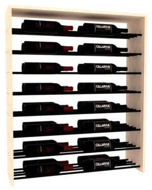 Black metal horizontal wine rack in a light wood frame holding multiple rows of red wine bottles.