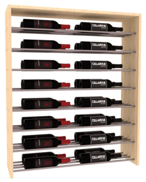 Gold‑rod horizontal wine rack with double‑deep wooden frame holding eight rows of black wine bottles.