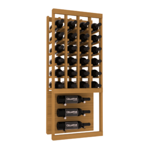 Tall wooden wine rack holding 27 horizontally stored bottles with three front-facing showcase bottles at the bottom.