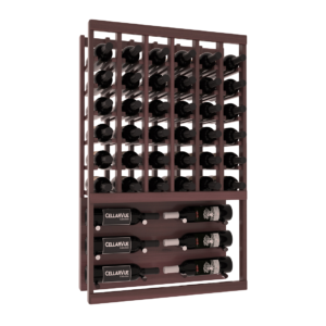 Tall wooden wine rack with grid slots filled with bottles and a lower shelf displaying bottles labeled “CELLARVUE Collection.”