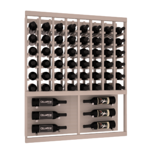 Beige wooden wall-mounted wine rack holding multiple horizontal wine bottles in grid rows with a display section at the bottom.