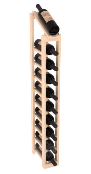 Tall light-wood wine rack with one angled display bottle on top and nine horizontal bottles stacked in a single column.