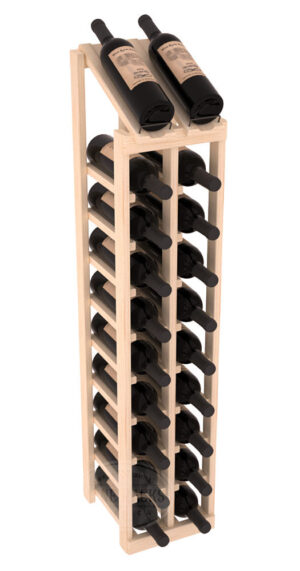 Tall light-wood two‑column wine rack holding twenty horizontal bottles with an angled display top for two bottles.