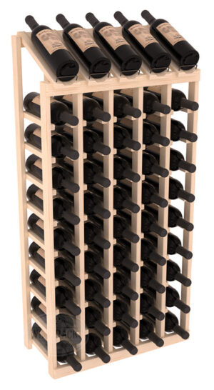 Tall light-wood wine rack with five display bottles on top and multiple rows of horizontally stored wine bottles below.
