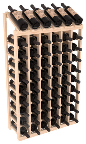 Tall light-wood six‑column wine rack filled with horizontal bottles and a row of bottles displayed flat on the top.