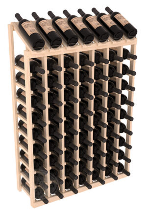 Tall light-wood wine rack with seven columns holding multiple horizontal bottles and a row of upright display bottles on top.