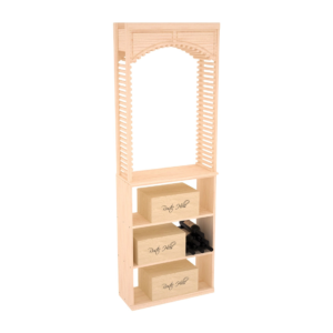 Tall light-wood wine rack with arched display opening, three lower shelves holding wooden wine cases and a few horizontal wine bottles.