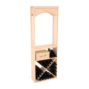 Tall light-wood wine rack with decorative arch, X-shaped lower bins, and bottles stored around a central wooden box.