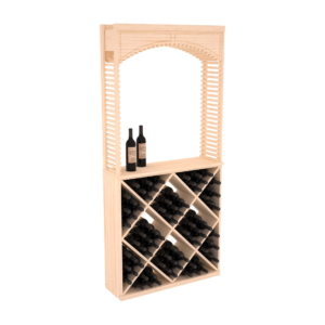 Light wood wine rack with arched top, diamond cube bottle storage, and two wine bottles on the solid shelf.