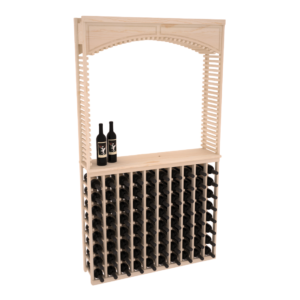 Light wood arched wine cabinet with solid top tasting shelf and grid storage holding multiple wine bottles.