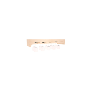 Light wood stemware rack mounted horizontally holding eight hanging wine glasses.