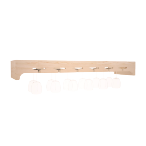Light wood wall-mounted stemware rack with six slots holding hanging wine glasses.