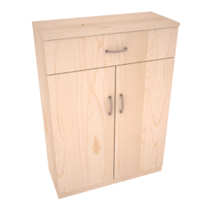 Light wood base cabinet with a top drawer and two lower doors, each fitted with curved metal handles.