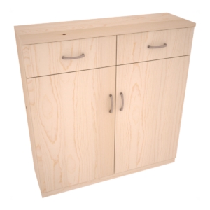 Light wood base cabinet with two upper drawers and two lower doors, all with curved metal handles.