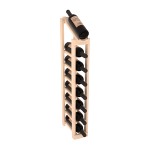 Tall light-wood single-column wine rack holding eight bottles with one bottle displayed at an angled top shelf.