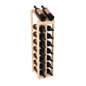 Tall two‑column light wood wine rack with horizontal bottle slots and two bottles displayed flat on the top.