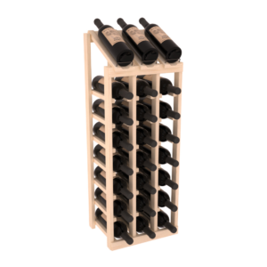Tall light-wood wine rack with three columns holding multiple horizontal bottles and four bottles displayed upright on the top.