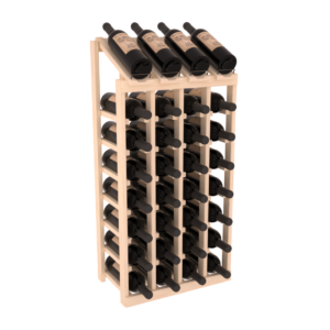 Tall light-wood wine rack with four columns, holding 32 horizontally stored bottles and an angled top row.