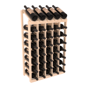 Light wood 5‑column wine rack with a slanted top row holding bottles horizontally in grid-style slots.