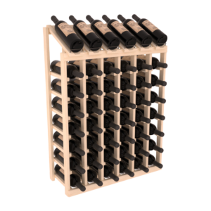 Light wood wine rack with six columns and display top, filled with horizontal dark wine bottles.