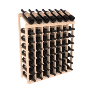 Light wood seven‑column wine rack with display top holding multiple horizontal wine bottles.