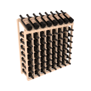 Light wood 8‑column wine rack with display top shelf, fully stocked with dark wine bottles.