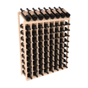 Light wood 8‑column wine rack with 10-bottle display top, filled with horizontal dark wine bottles.