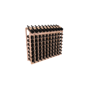 Wooden 10‑column wine rack with display top, filled with horizontal black wine bottles.