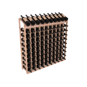 Wooden 10×10 column wine rack filled with horizontal bottles and a top row of bottles displayed label up.