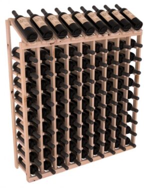 Wooden 9-column wine rack with angled display top, fully stocked with horizontal wine bottles.