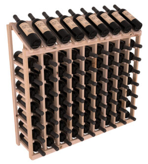 Wooden 9-column wine rack filled with horizontal wine bottles, with a top row displaying bottles label side up.
